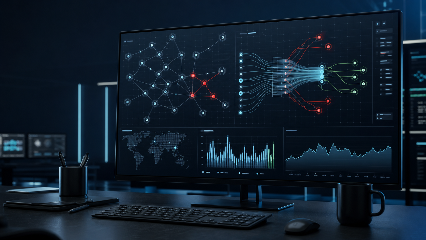 Abstract wallet-risk monitoring dashboard showing USDT blacklist event paths on Tron.